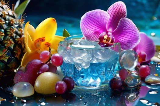 Purple orchid, ice-filled glass, lemon, and vibrant spheres. Fresh and modern, perfect for wellness, beverage, or floral themes. Bright and visually appealing