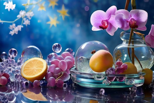 Purple orchid, ice-filled glass, lemon, and vibrant spheres. Fresh and modern, perfect for wellness, beverage, or floral themes. Bright and visually appealing