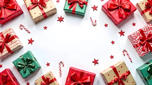 Colorful wrapped presents with big bows, candy canes, and little stars form a seamless, symmetrical design on a vibrant white background, creating a joyful, celebratory atmosphere for the holidays.