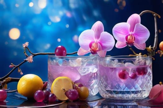 Purple orchid, ice-filled glass, lemon, and vibrant spheres. Fresh and modern, perfect for wellness, beverage, or floral themes. Bright and visually appealing