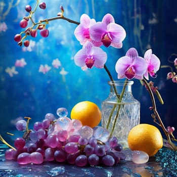 Beautiful purple orchid with ice-filled glass, lemon, and colorful spheres. Modern and fresh design ideal for vibrant, eye-catching promotions