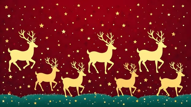A repeating pattern of modern reindeer silhouettes in white and gold, accented with scattered stars and swirling snow, seamlessly set on a rich emerald red backdrop for a warm holiday charm.