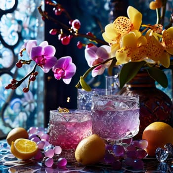 Beautiful purple orchid with ice-filled glass, lemon, and colorful spheres. Modern and fresh design ideal for vibrant, eye-catching promotions