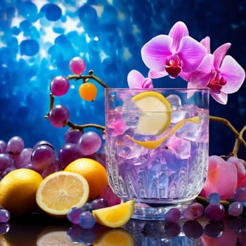 Beautiful purple orchid with ice-filled glass, lemon, and colorful spheres. Modern and fresh design ideal for vibrant, eye-catching promotions