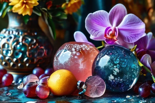 Beautiful purple orchid with ice-filled glass, lemon, and colorful spheres. Modern and fresh design ideal for vibrant, eye-catching promotions