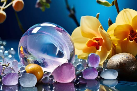 Beautiful purple orchid with ice-filled glass, lemon, and colorful spheres. Modern and fresh design ideal for vibrant, eye-catching promotions