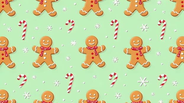 A playful seamless pattern showcasing gingerbread cookies, red-and-white candy canes, and delicate snowflakes, symmetrically arranged on a soft light green background, perfect for a whimsical Christmas vibe.