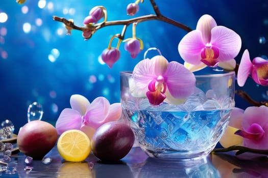 Beautiful purple orchid with ice-filled glass, lemon, and colorful spheres. Modern and fresh design ideal for vibrant, eye-catching promotions