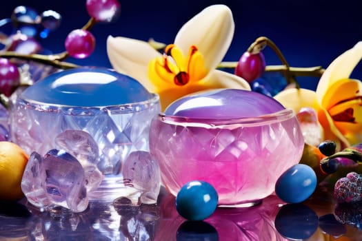 Beautiful purple orchid with ice-filled glass, lemon, and colorful spheres. Modern and fresh design ideal for vibrant, eye-catching promotions