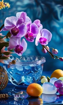 Beautiful purple orchid with ice-filled glass, lemon, and colorful spheres. Modern and fresh design ideal for vibrant, eye-catching promotions
