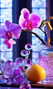 Beautiful purple orchid with ice-filled glass, lemon, and colorful spheres. Modern and fresh design ideal for vibrant, eye-catching promotions