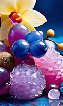 Purple orchid with crystal glass, ice, lemon, and vibrant spheres. Perfect for fresh, colorful compositions in beverage, wellness, or floral contexts