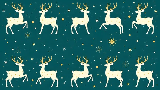 A seamless repeating pattern of minimalist reindeer silhouettes in white and gold, adorned with scattered stars and swirling snow, set against a deep emerald blue background for a festive and elegant design.
