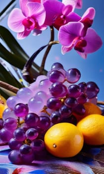 Purple orchid with crystal glass, ice, lemon, and vibrant spheres. Perfect for fresh, colorful compositions in beverage, wellness, or floral contexts