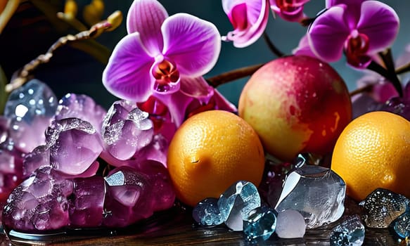 Purple orchid with crystal glass, ice, lemon, and vibrant spheres. Perfect for fresh, colorful compositions in beverage, wellness, or floral contexts