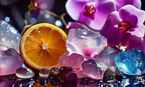 Purple orchid with crystal glass, ice, lemon, and vibrant spheres. Perfect for fresh, colorful compositions in beverage, wellness, or floral contexts