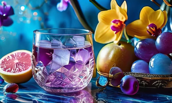 Purple orchid with crystal glass, ice, lemon, and vibrant spheres. Perfect for fresh, colorful compositions in beverage, wellness, or floral contexts
