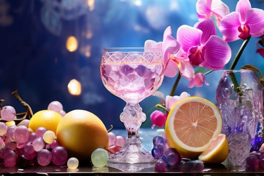 Purple orchid with crystal glass, ice, lemon, and vibrant spheres. Perfect for fresh, colorful compositions in beverage, wellness, or floral contexts