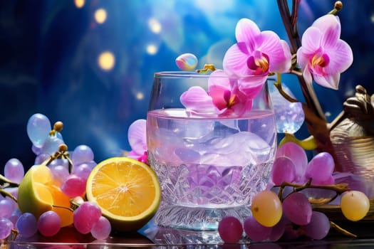 Purple orchid with crystal glass, ice, lemon, and vibrant spheres. Perfect for fresh, colorful compositions in beverage, wellness, or floral contexts