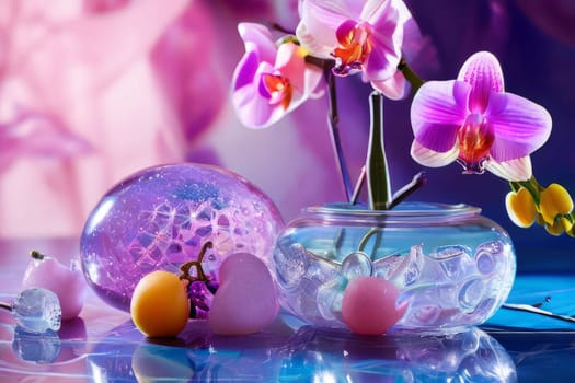 Purple orchid with crystal glass, ice, lemon, and vibrant spheres. Perfect for fresh, colorful compositions in beverage, wellness, or floral contexts