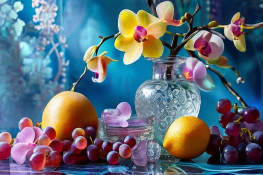 Purple orchid with crystal glass, ice, lemon, and vibrant spheres. Perfect for fresh, colorful compositions in beverage, wellness, or floral contexts