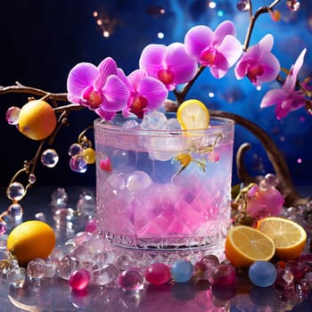 Elegant purple orchid, ice-filled glass, lemon, and colorful spheres. Bright, modern aesthetic ideal for floral, wellness, or beverage themes