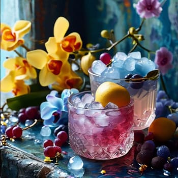 Elegant purple orchid, ice-filled glass, lemon, and colorful spheres. Bright, modern aesthetic ideal for floral, wellness, or beverage themes