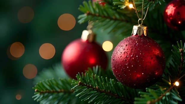 A image of Christmas ornaments rotating slowly and reflecting light. The dark green background is enhanced by soft, glowing bokeh lights for a festive atmosphere.