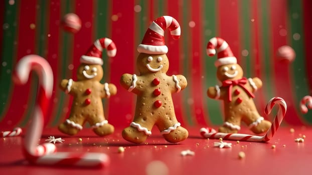 A whimsical image of gingerbread cookies, candy canes, and colorful lollipops dancing and rotating playfully on a festive red and green striped background.
