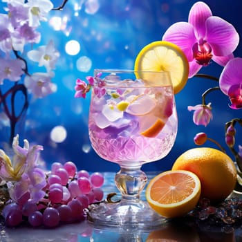 Elegant purple orchid, ice-filled glass, lemon, and colorful spheres. Bright, modern aesthetic ideal for floral, wellness, or beverage themes