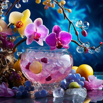Elegant purple orchid, ice-filled glass, lemon, and colorful spheres. Bright, modern aesthetic ideal for floral, wellness, or beverage themes