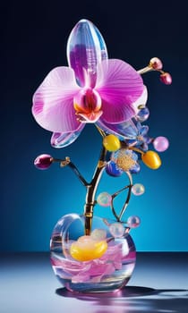 Elegant purple orchid, ice-filled glass, lemon, and colorful spheres. Bright, modern aesthetic ideal for floral, wellness, or beverage themes