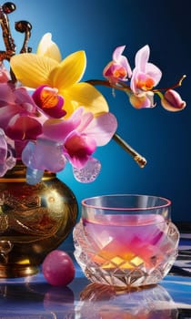 Elegant purple orchid, ice-filled glass, lemon, and colorful spheres. Bright, modern aesthetic ideal for floral, wellness, or beverage themes