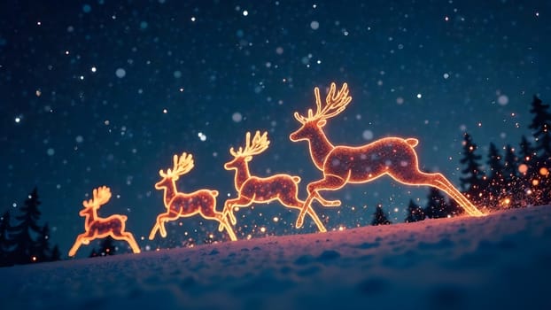 Glowing reindeer silhouettes leap gracefully across a starry sky in this whimsical image, leaving sparkling trails of light behind.
