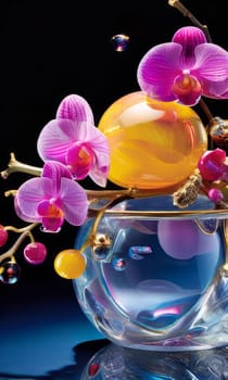 Elegant purple orchid, ice-filled glass, lemon, and colorful spheres. Bright, modern aesthetic ideal for floral, wellness, or beverage themes