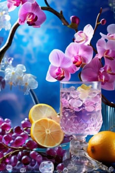 Elegant purple orchid, ice-filled glass, lemon, and colorful spheres. Bright, modern aesthetic ideal for floral, wellness, or beverage themes