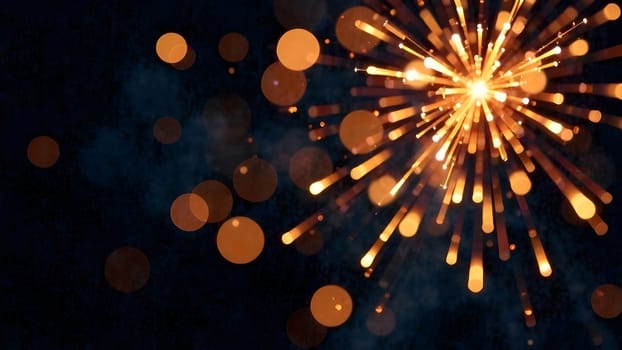Glittering fireworks and golden bokeh lights shimmer and fade softly in a seamless loop, set against a dark backdrop for a celebratory atmosphere.