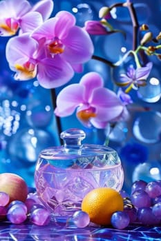 Elegant purple orchid, ice-filled glass, lemon, and colorful spheres. Bright, modern aesthetic ideal for floral, wellness, or beverage themes