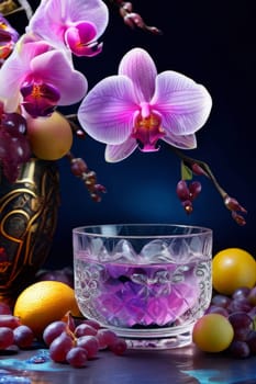 Purple orchid beside ice-filled glass, lemon, and vibrant spheres. Fresh and visually appealing, perfect for wellness, floral, or culinary designs