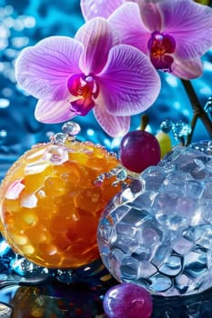 Purple orchid beside ice-filled glass, lemon, and vibrant spheres. Fresh and visually appealing, perfect for wellness, floral, or culinary designs