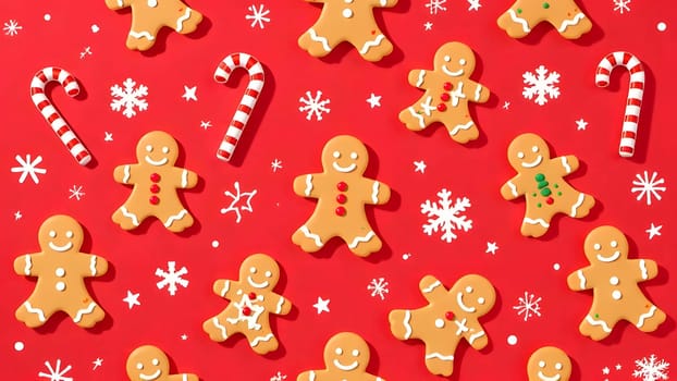 A whimsical seamless pattern featuring gingerbread cookies, red-and-white candy canes, and intricate snowflakes, symmetrically arranged on a vibrant red background for a playful Christmas vibe.