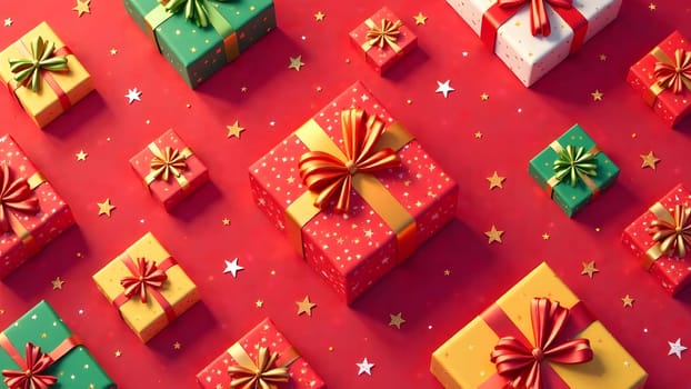 Wrapped presents in lively hues, candy canes, and sparkling stars form a seamless pattern, symmetrically set on a vibrant red background, creating a festive and cheerful holiday design.