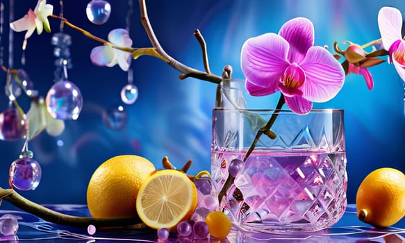 Purple orchid beside ice-filled glass, lemon, and vibrant spheres. Fresh and visually appealing, perfect for wellness, floral, or culinary designs