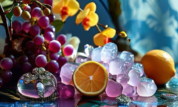 Purple orchid beside ice-filled glass, lemon, and vibrant spheres. Fresh and visually appealing, perfect for wellness, floral, or culinary designs