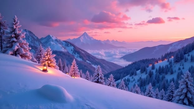 A serene image of snow-covered hills glowing under a gradient sky transitioning from pink to purple, with soft snowfall and warm lanterns lighting the scene.