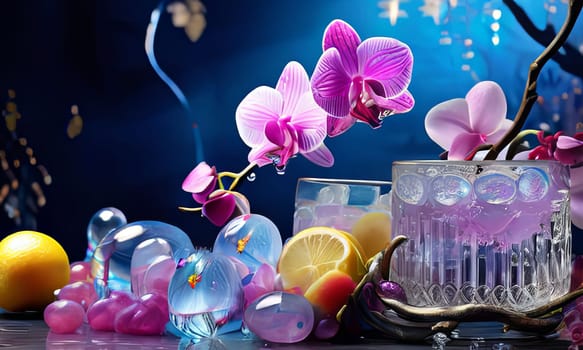Purple orchid beside ice-filled glass, lemon, and vibrant spheres. Fresh and visually appealing, perfect for wellness, floral, or culinary designs