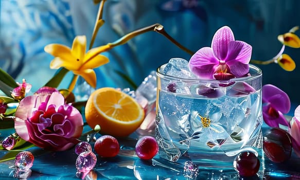 Purple orchid beside ice-filled glass, lemon, and vibrant spheres. Fresh and visually appealing, perfect for wellness, floral, or culinary designs