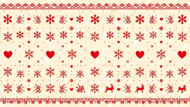 This seamless design draws inspiration from Scandinavian holiday patterns, featuring geometric snowflakes, hearts, and reindeer in a traditional red-and-white palette on a soft cream background.