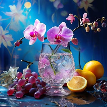 Captivating purple orchid, glass of ice, lemon, and colorful spheres. Bright, modern design perfect for beverage, wellness, or floral promotions