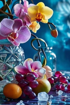 Captivating purple orchid, glass of ice, lemon, and colorful spheres. Bright, modern design perfect for beverage, wellness, or floral promotions